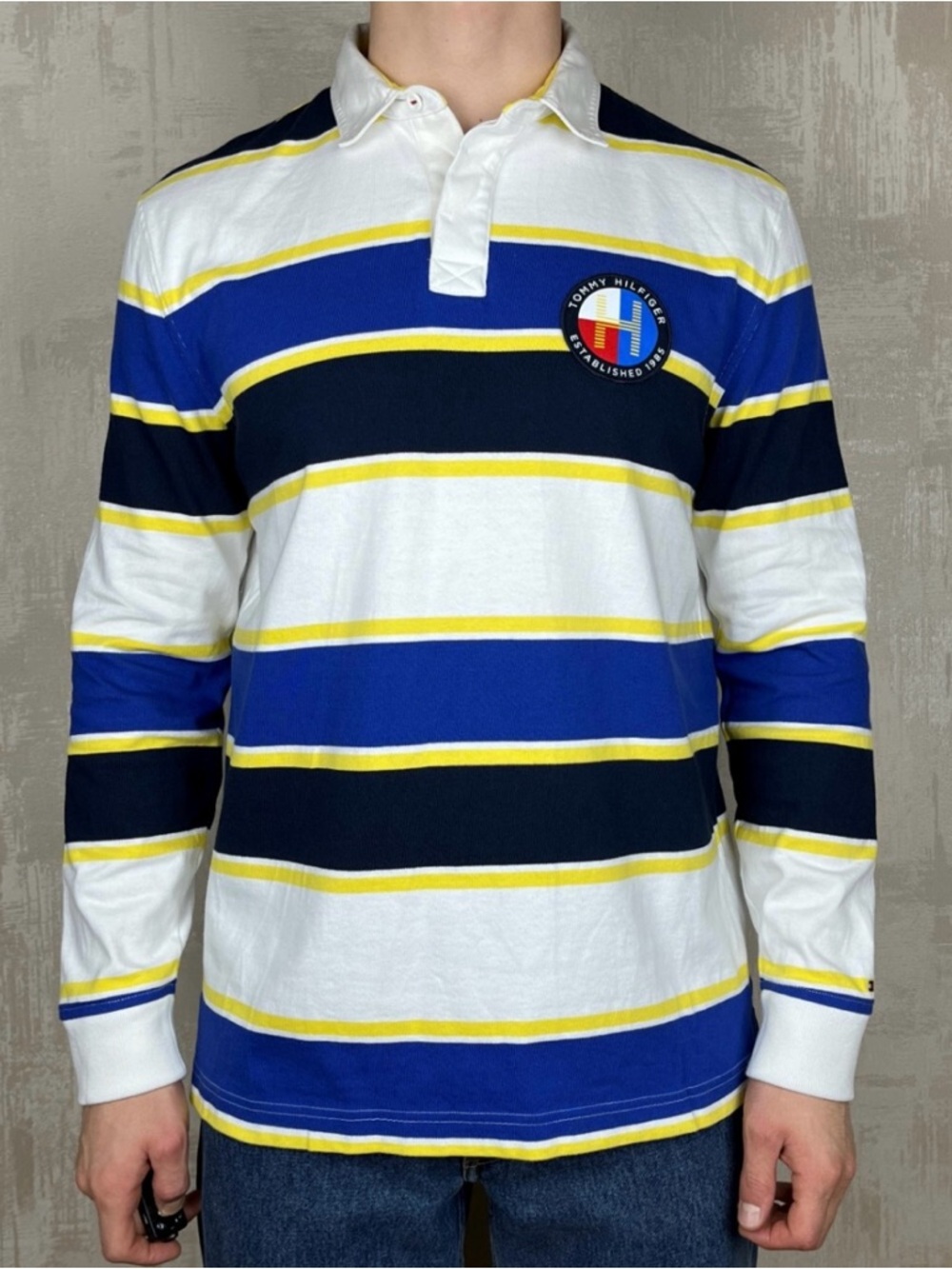 Tommy Hilfiger Striped Rugby Polo in Blue, Navy, White & Yellow